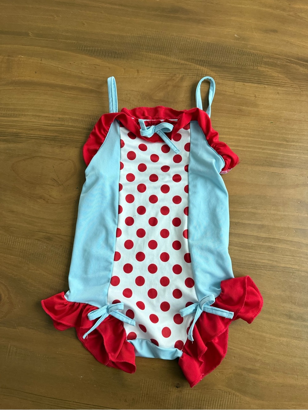 Girls Light Blue & Red Polka Dot Ruffle One-Piece Swimsuit